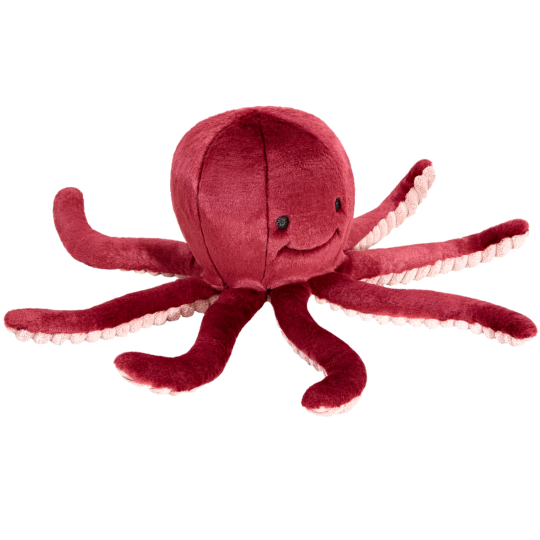 Fluff & Tuff Olympia Octopus Plush Dog Toy against a white background. Toy is a berry colour with a textured beige underside of the tentacles. 