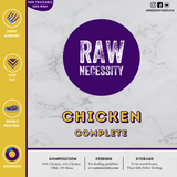 Label for Raw Necessity Chicken Complete Raw Dog Food.
