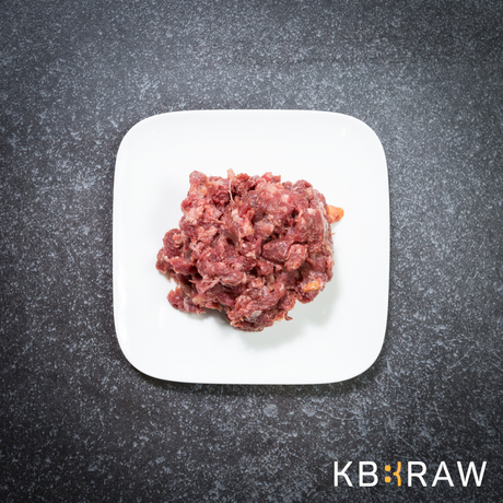 Kb Raw horse meat mince on a white dish.