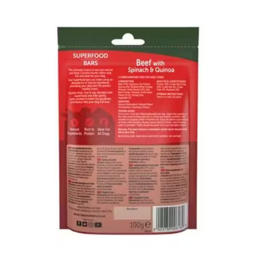 The back of the Country Hunter Beef Superfood Bars packet. All information is displayed here.