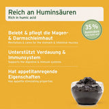 Yellow promotional graphic with German text about humic acid benefits and a small bowl of dark humic material in the lower right corner.