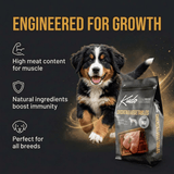 Dog food package with a puppy and text highlighting features on a dark background