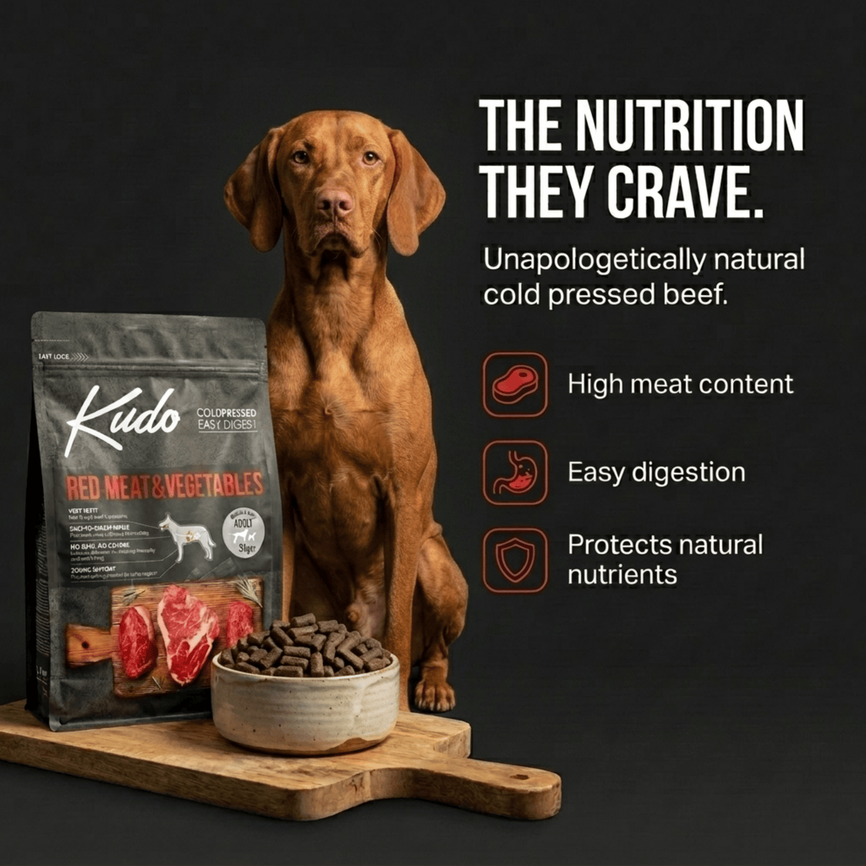 Dog sitting alongside a 12kg Kudo dog food bag and bowl of food.