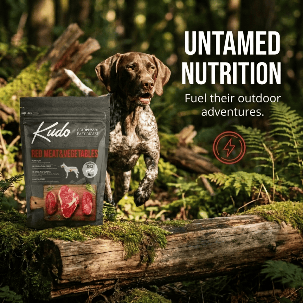 Dog jumping over a log with Kudo dog food packaging beside them in a forest setting, featuring 'Untamed Nutrition' text.