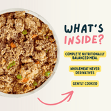 Dog food in a bowl with text highlighting nutritional and cooking details on a white background