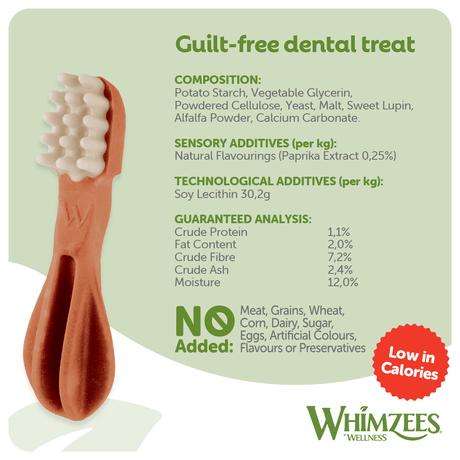 Whimzees dog chew with label detailing ingredients and benefits on a green background